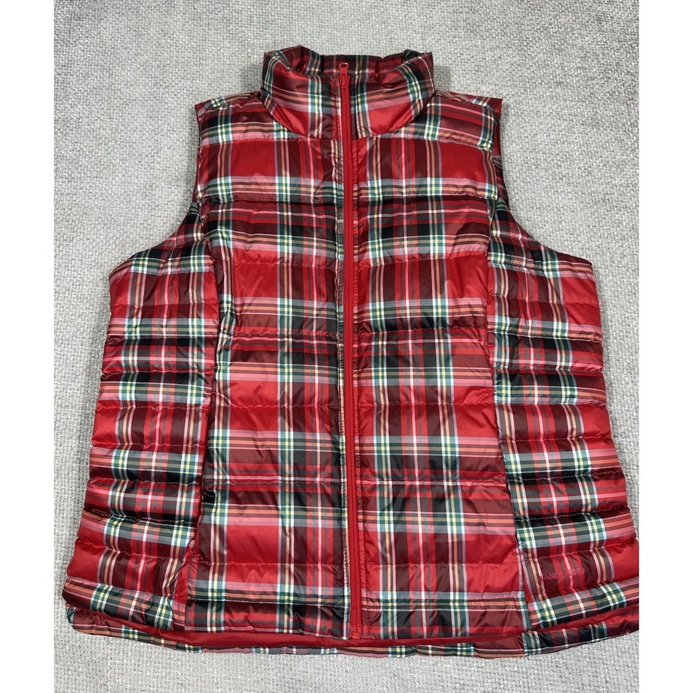 Lands End Vest Womens XL 18 Red Puffer Down Insulated Full Zip Plaid Outdoors